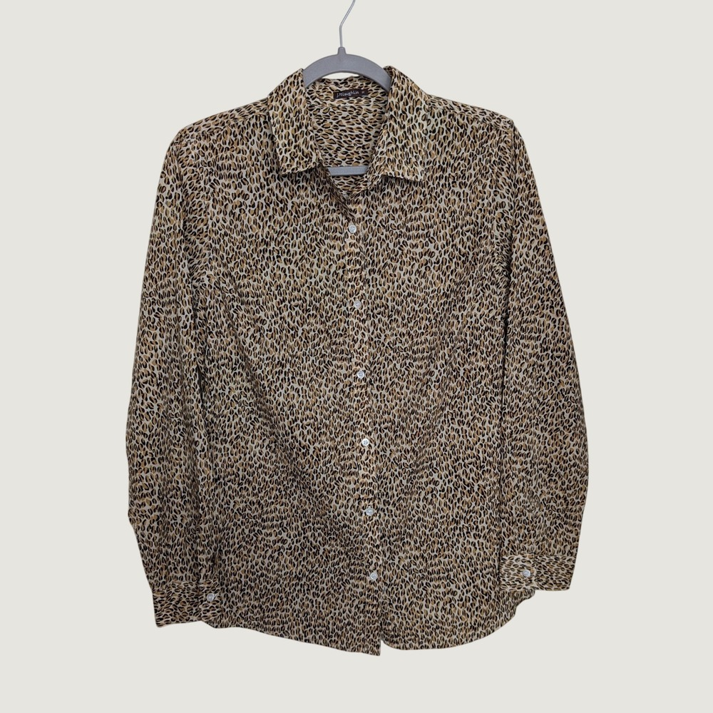 J.McLaughlin Leopard Print Cotton Poplin Button Down Shirt Tan Brown Medium
